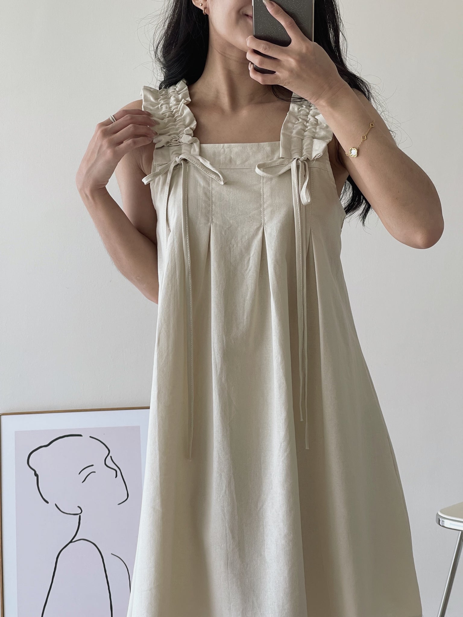 Linen Ruched Tent Dress / 棉麻抽皱系带裙