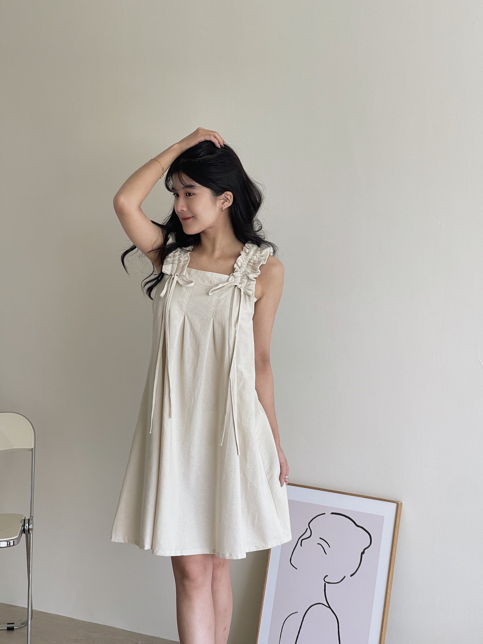 Linen Ruched Tent Dress / 棉麻抽皱系带裙