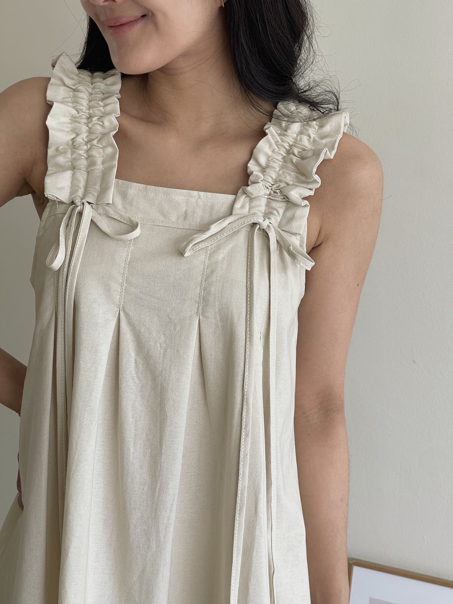 Linen Ruched Tent Dress / 棉麻抽皱系带裙