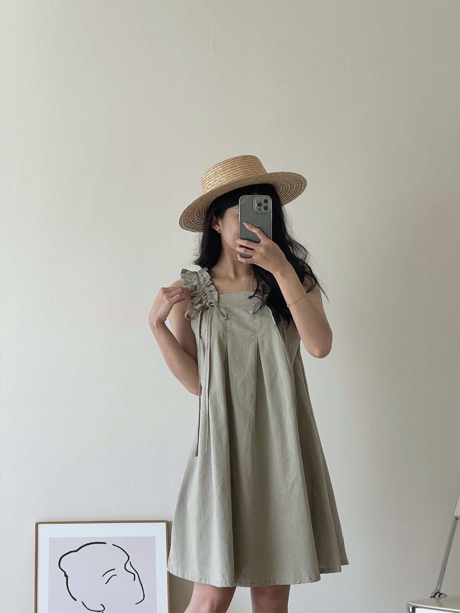 Linen Ruched Tent Dress / 棉麻抽皱系带裙