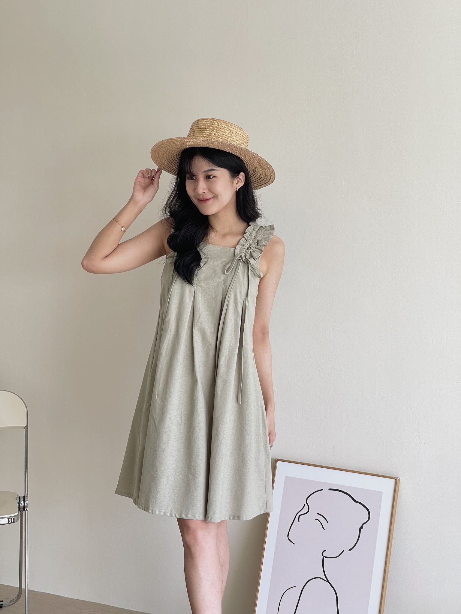 Linen Ruched Tent Dress / 棉麻抽皱系带裙