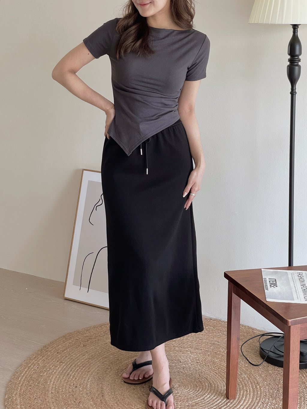 Lorna Cotton Skirt / 抽绳后开衩半身长裙