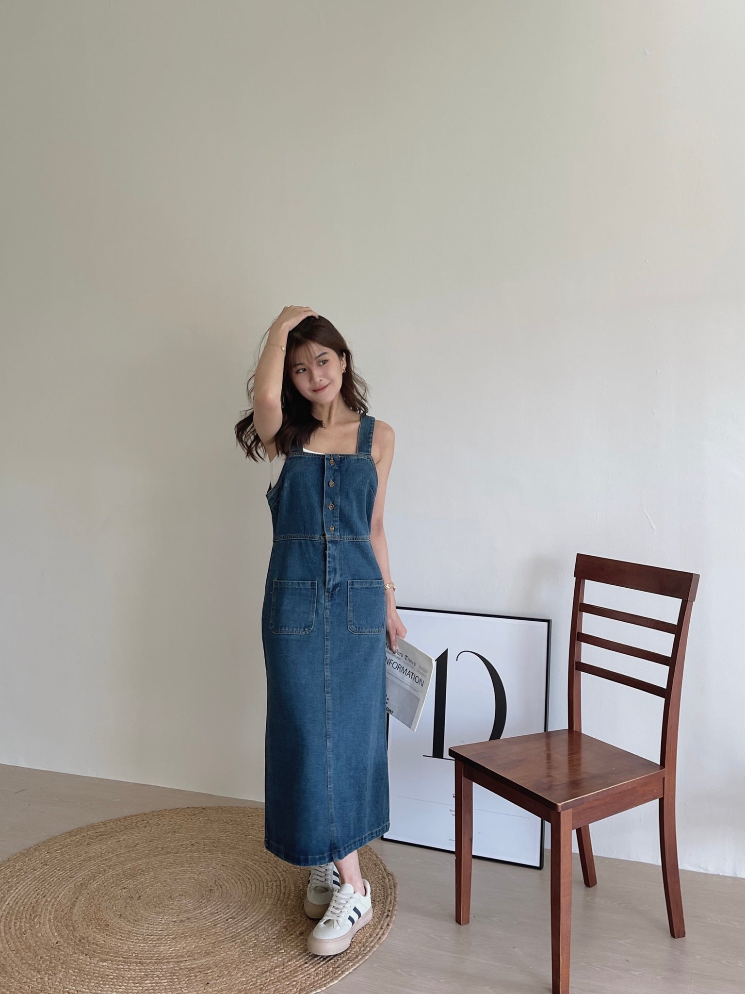 Button Up Dungaree Dress / 排扣牛仔背带长裙