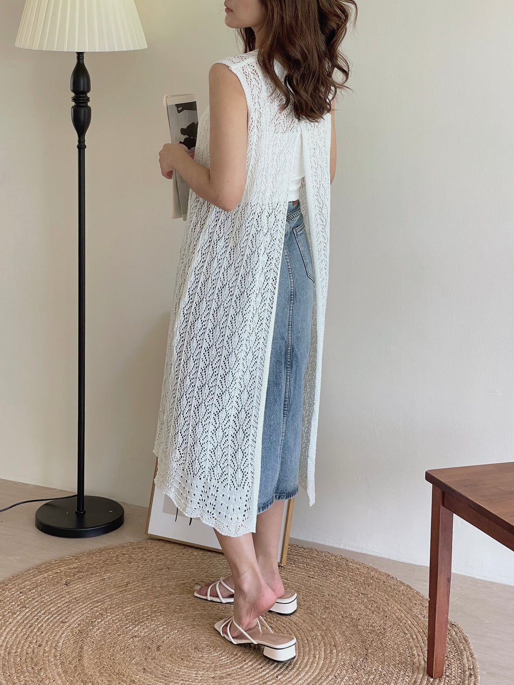 Crochet Split Long Top / 叠穿镂空开叉上衣