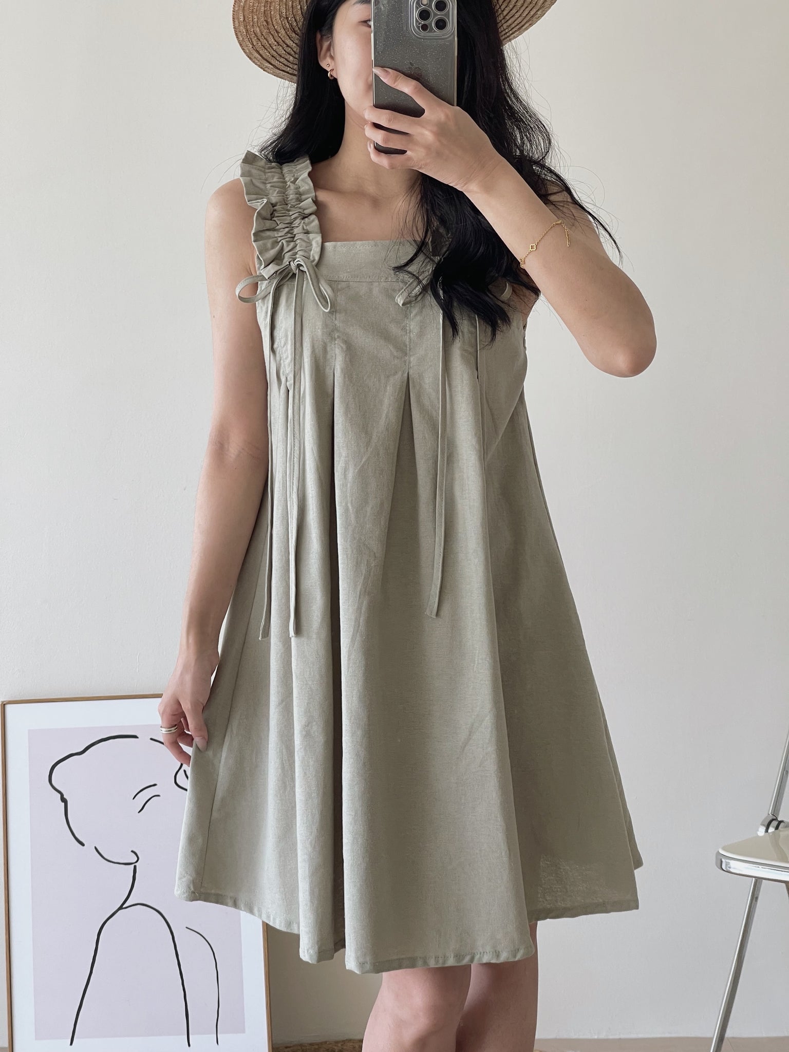 Linen Ruched Tent Dress / 棉麻抽皱系带裙