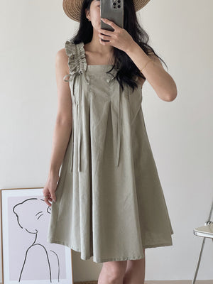 Linen Ruched Tent Dress / 棉麻抽皱系带裙