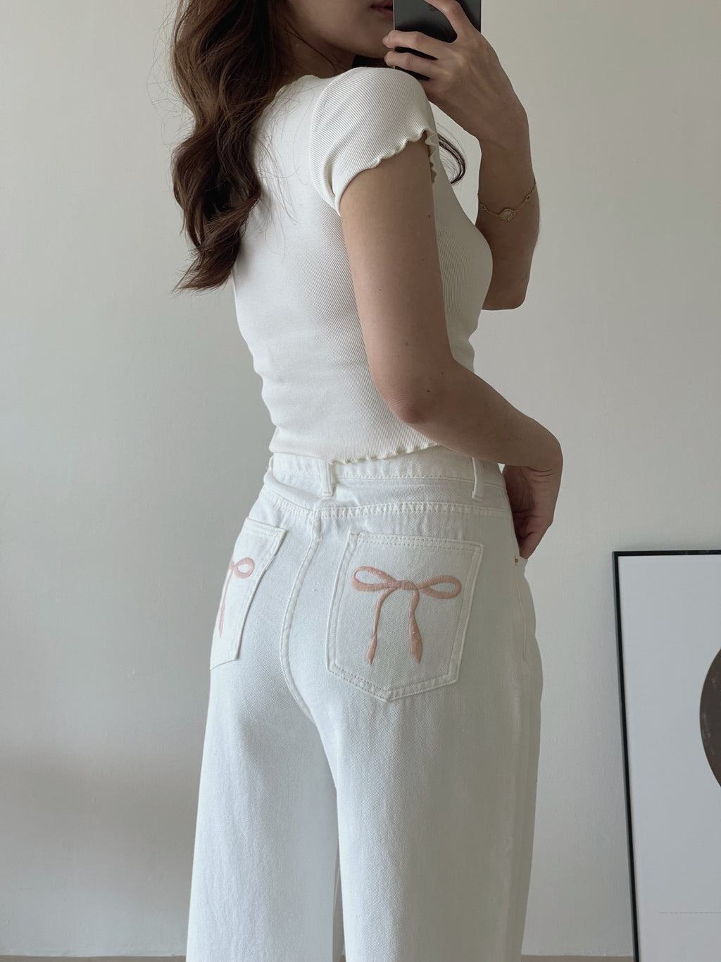 Ribbon Embroidered White Denim / 刺绣白色牛仔阔腿裤