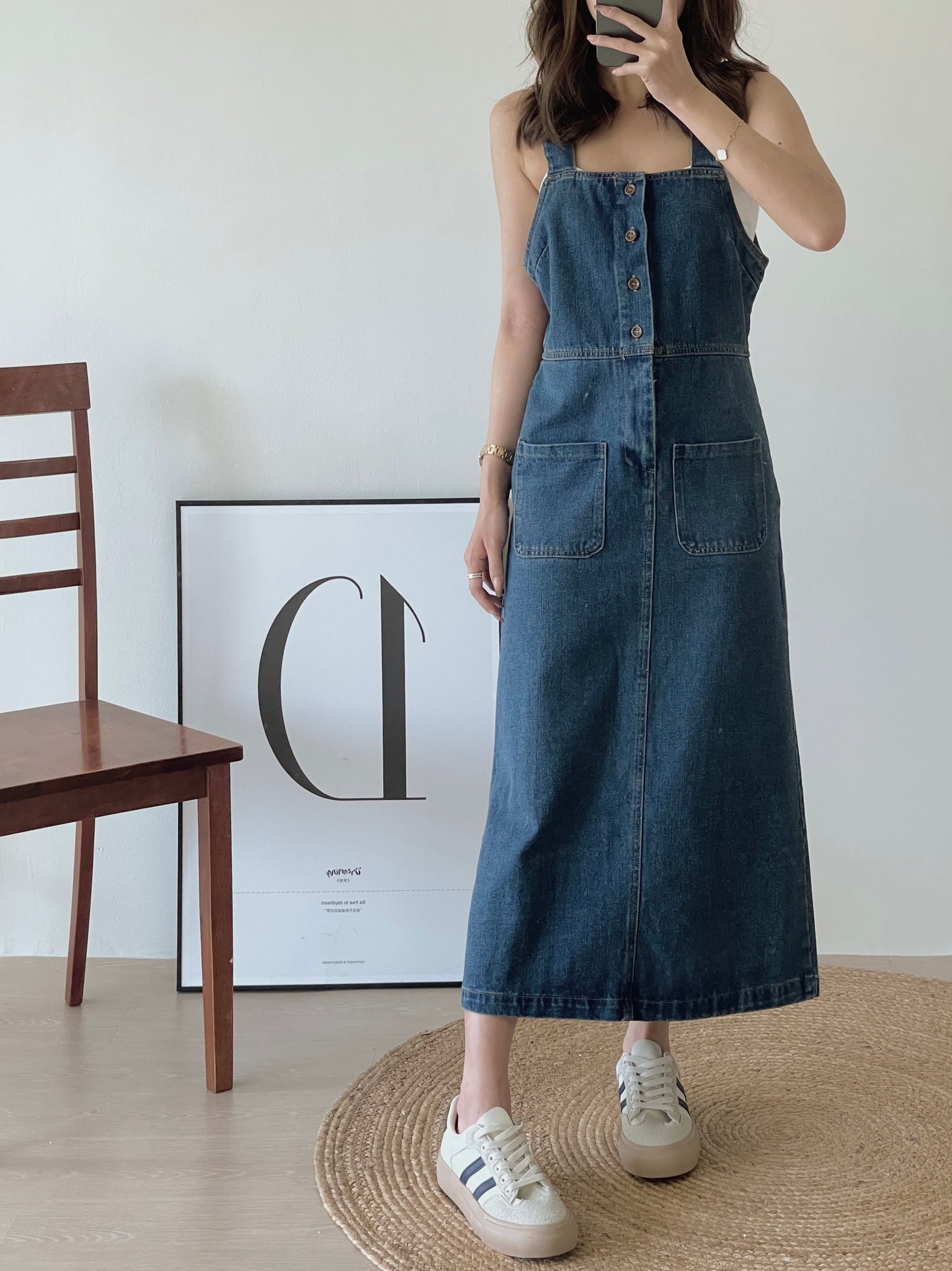 Button Up Dungaree Dress / 排扣牛仔背带长裙