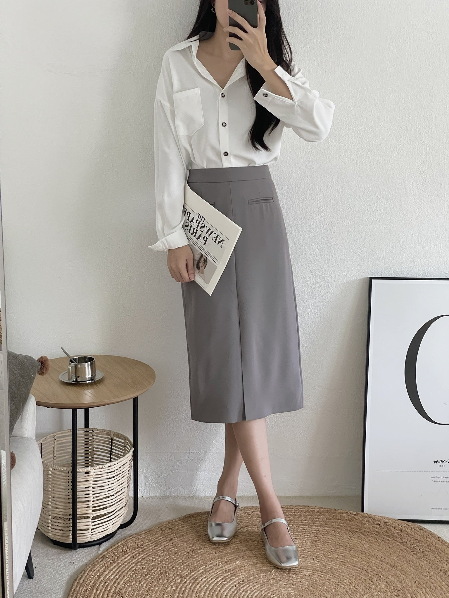 Split Hem Pencil Skirt / 通勤风西装半身裙 - Grey